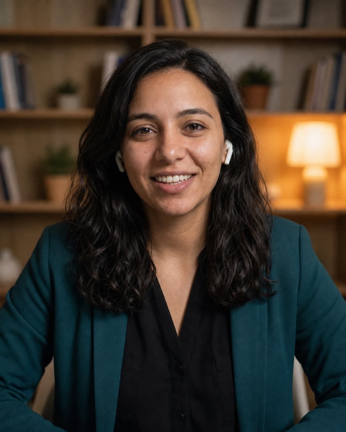 A candidate smiling during an interview from home