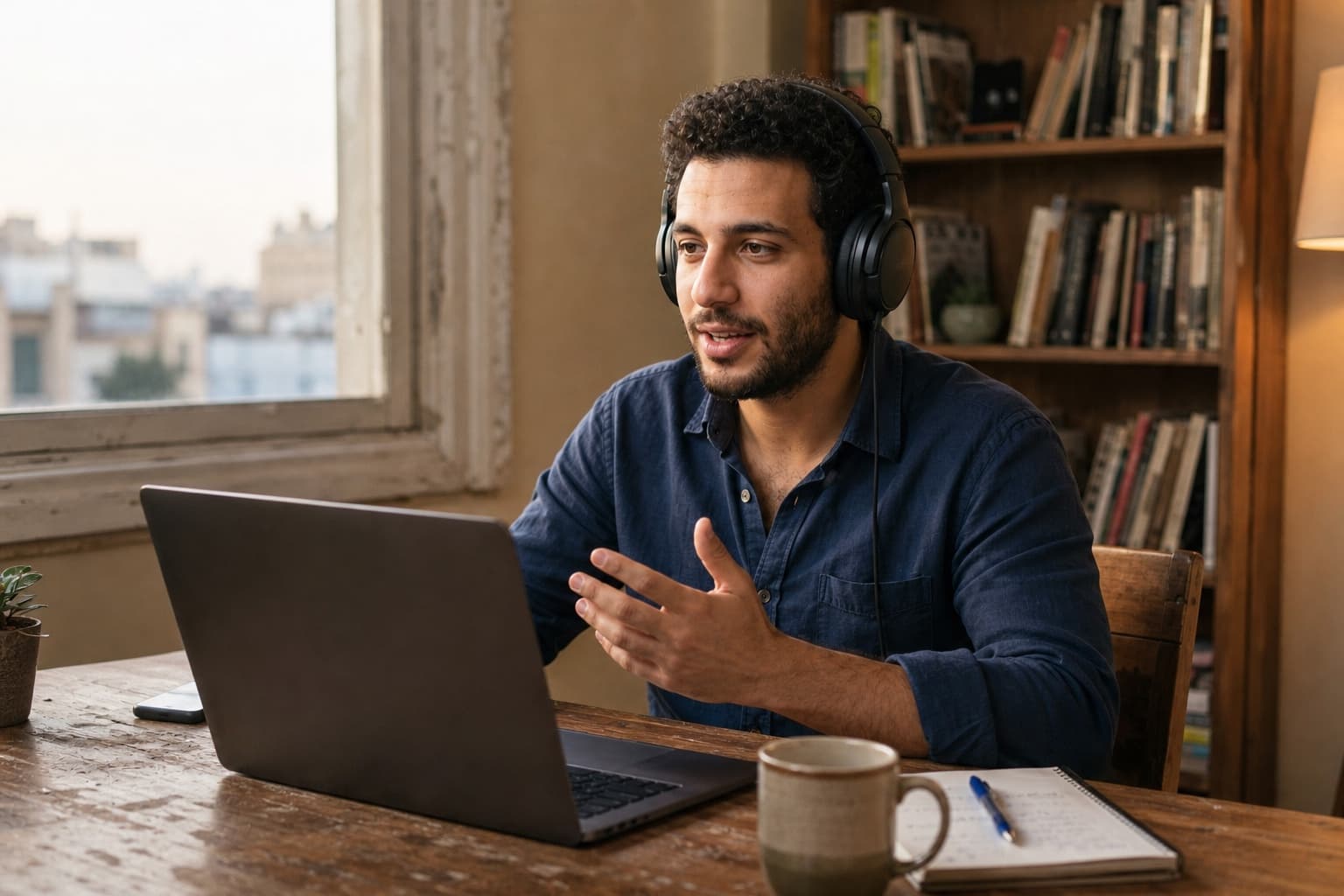 A candidate wearing headphones answering a voice interview from home